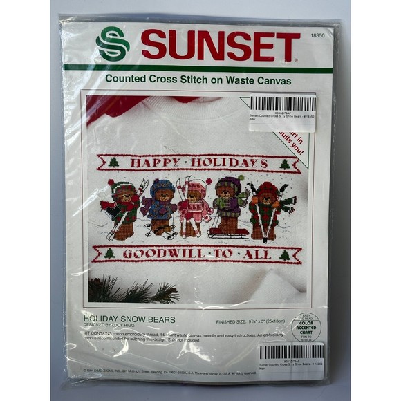 SUNSET Counted Cross Stitch Kit on Waste Canvas - Holiday Snow Bears #18… - Picture 1 of 5